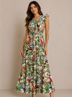 NWT Briton Court Tropical Smocked Tiered Maxi Dress
